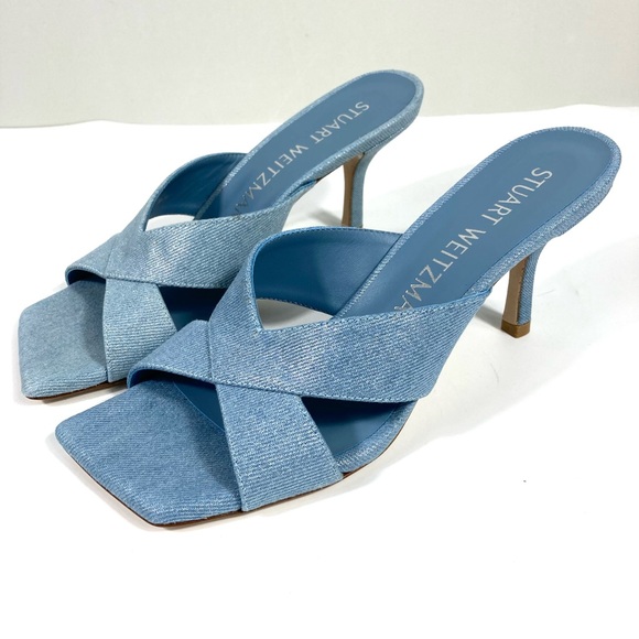 Stuart Weitzman Carmen 75 Heel Slide Sandals Blue Denim 8 NEW - Picture 1 of 17